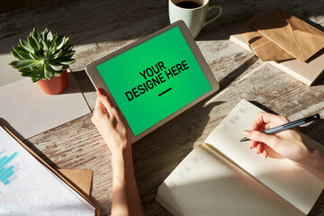 Laptop, Notebook, tablet pc Mockup screen with green chroma key background and text Your Design...
