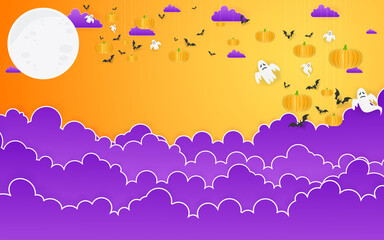 Happy Halloween calligraphy with paper bats and pumpkins. banners party invitation.Vector illustration