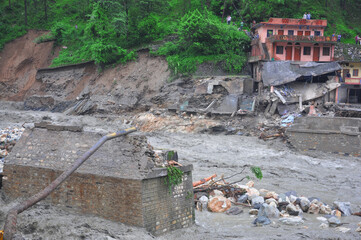 Cloudburst in India. River flowing above red alert.