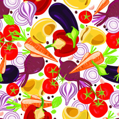 Bright and colorful seamless pattern of various vegetables and pasta in the shape of shells. Realistic image of food.