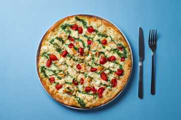 Flat lay - Delicious Italian pizza with tomatoes cherry, cheese mozzarella and sauce pesto on blue table or background. Close up shot for advertising of marketing.