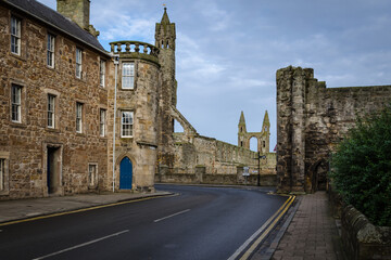 Old town street of St Andrews with the Cathedral in the background, Scotland, United Kingdom