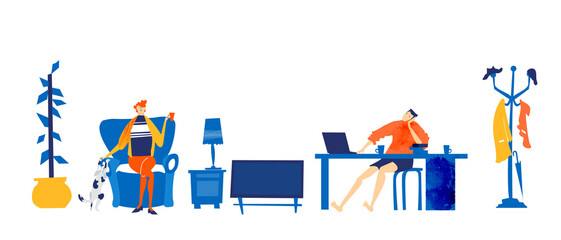 Man dreaming about professional success. Young man self-employed, self isolated working from home, and looking for new job. Quarantine, economy crisis, jobless people