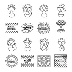 people characters and national hispanic heritage letterings line style icons