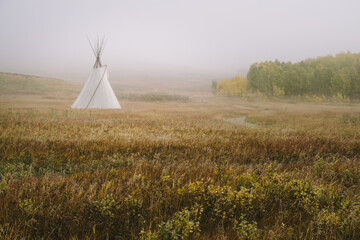 Mesmerizing shot of a wigwam in a meadow on a foggy day © Bart Onyszko/Wirestock