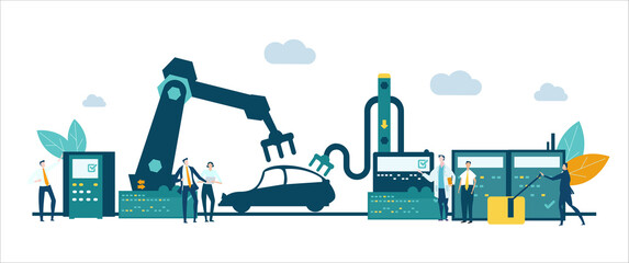 Factory with business people and workers and conveyor belt line with robots hands manufacturing cars. Factory automation production, manufacturing concept