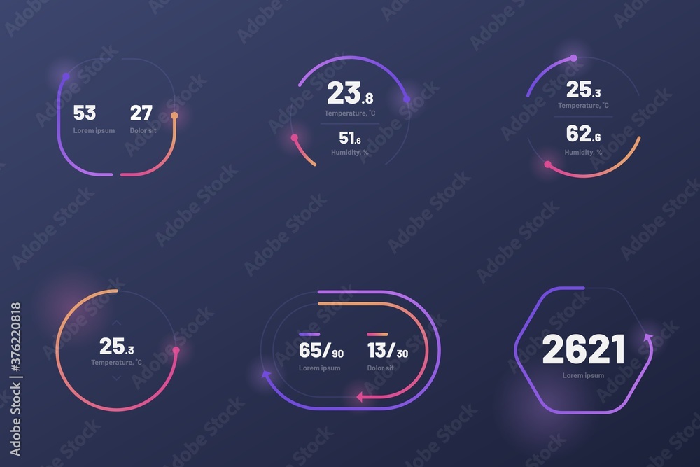 Poster set with collection of indicator template. ui and ux kit. control center design with progress bar or