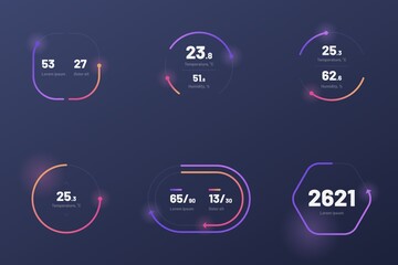 Set with collection of indicator template. UI and UX Kit. Control center design with progress bar or temperature control. Black background. Eps 10.