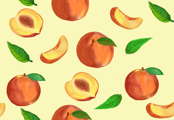 Peach and its leaves seamless pattern watercolored illustration