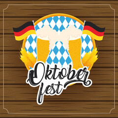 oktoberfest party lettering in poster with beers glasses and germany flags wooden background