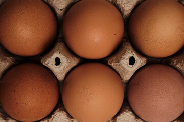 Open egg box with six brown eggs. Fresh organic chicken eggs in carton pack or egg container top view