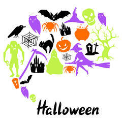 Happy Halloween greeting card with celebration items.