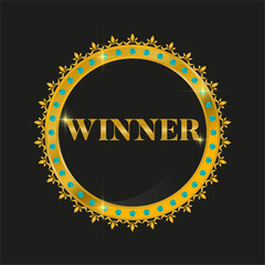 Sign with inscriptionl WINNER, in the form of a circle with an ornament. Inlaid with sapphires. Black and gold colors on a black background with highlights. Isolated.