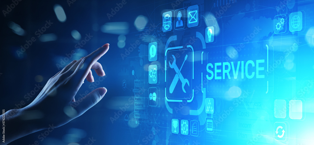 Poster Service support customer help call center Business technology button on virtual screen.