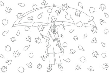 An autumn girl stands under a large umbrella.  She is wearing a coat and wide pants. A warm scarf around her neck. Autumn leaves around the girl. Illustration for coloring book.