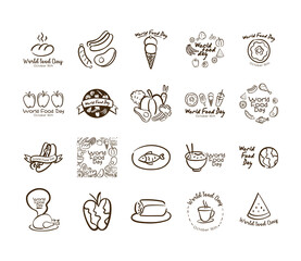 bundle of twenty world food day celebration letterings line style