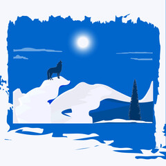 Winter landscape - night, wolf, moon, snow - original brush stroke - vector. New Year. Christmas. Banner.