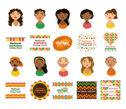 People Characters And National Hispanic Heritage Letterings Flat Style Icons