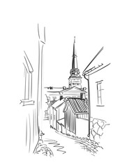 Europe architecture drawing, Sketch of old town and Cathedral in Vasteras, Sweden. Hand drawn illustration