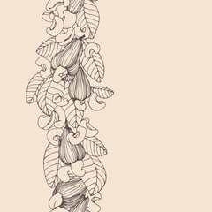 vertical seamless pattern of peeled cashew nuts, leaves & fruits, for ornaments, menu decorations, color vector illustration with sepia contour lines on a milky background in a hand drawn style