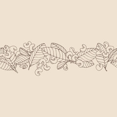 horizontal seamless pattern of peeled cashew nuts & leaves, for ornaments, menu decorations, color vector illustration with sepia contour lines on a milky background in a hand drawn style