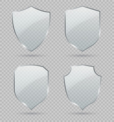 Glass shield. Set of transparent glass shields. Conceptual symbol of protection, safety, security and guarding. Vector