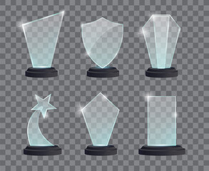 Glass trophy award with dark stand. Vector awards on transparent background