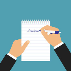 Flat design illustration of manager hand holding paper pad and writes text with pen, vector © Forgem