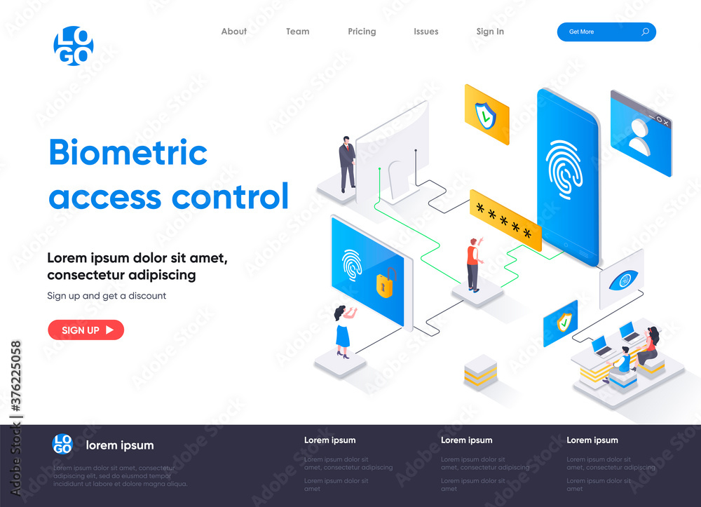Fototapete biometric access control isometric landing page design. fingerprint scan provides security access is