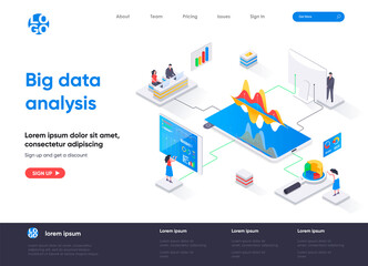 Big data analysis isometric landing page. Analytics and business intelligence isometry concept. Online analysis tools, software development company web page. Vector illustration with people characters