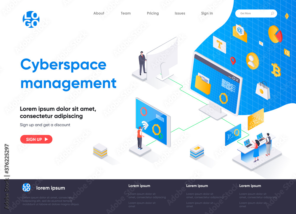 Poster Cyberspace management isometric landing page. Digital security and network management software isometry concept. Operate and control system flat web page. Vector illustration with people characters.