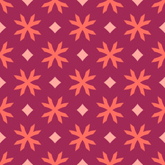 Vector geometric floral pattern. Elegant seamless texture. Abstract ornament with flower shapes, crosses, diamonds. Elegant red and coral background. Repeat design for decor, wallpaper, textile, wrap 