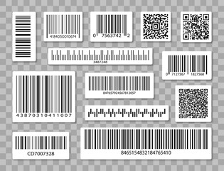 Barcode labels. Code stripes sticker, digital bar label. Industrial barcodes, customers qr code. Vector set