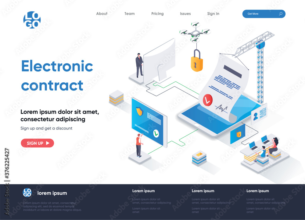 Wall mural electronic contract isometric landing page design. online sign contract or documents technology isom