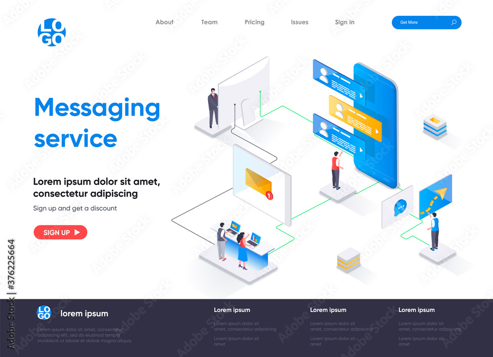 Leinwandbilder messaging service isometric landing page. internet messenger mobile application isometry concept. on