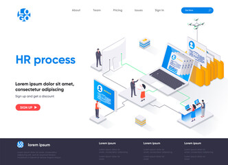 HR process isometric landing page. Human resource management and staff headhunting isometry concept. Study CV of candidates in recruiting agency web page. Vector illustration with people characters.