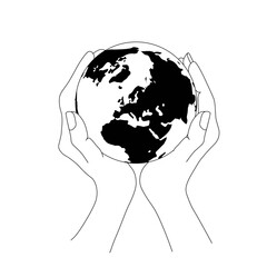 Earth planet in two hands top view hand drawn sketch monochrome art design elements stock vector illustration for web, for print
