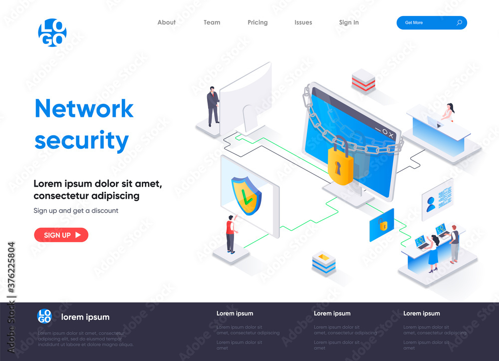 Poster network security isometric landing page. firewall software, password identification and privacy isom