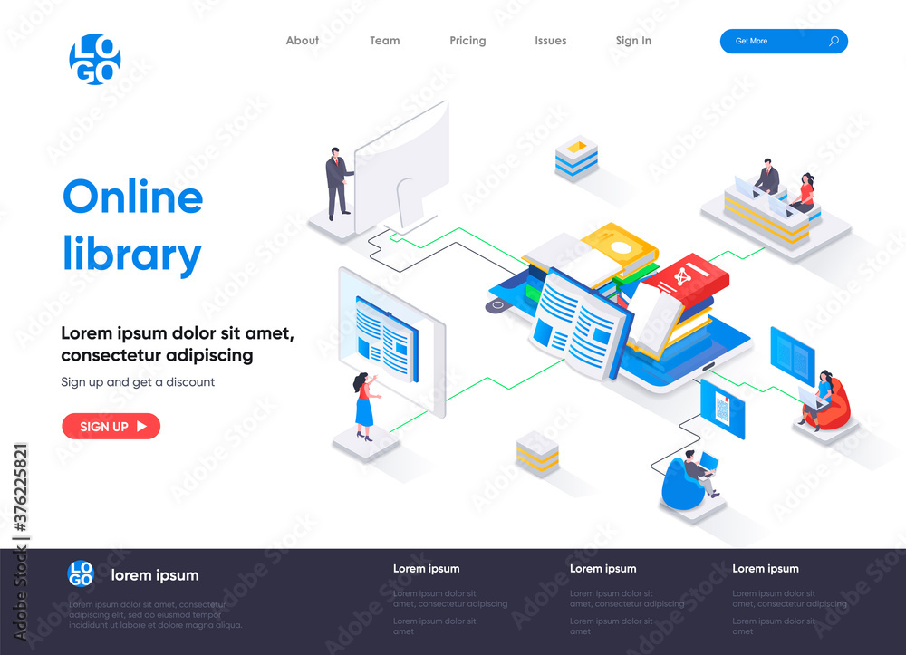 Leinwandbilder online library isometric landing page. e-library application, electronic books service isometry conc