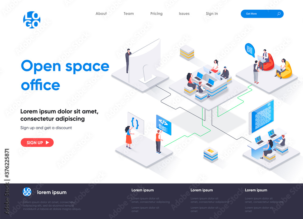 Poster open space office isometric landing page. collaboration at coworking open space isometry concept. co