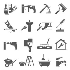 Home repair, maintenance bold black silhouette icons set isolated on white. Toolbox, ladder.