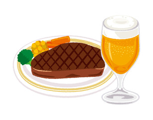 ビールとビーフステーキのイラスト