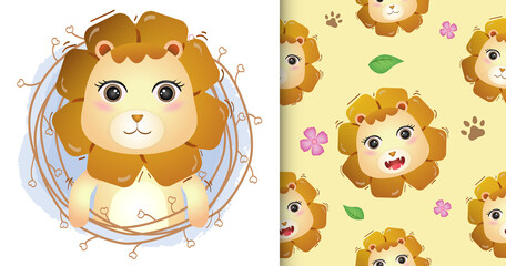 cute lion with twigs seamless pattern and illustration designs