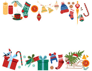 Obraz premium Christmas frame set with traditional symbols of winter holidays.Happy New Year 2021 concept.Free space for your text. Knit hat,toys for fir tree,elf stocking.Poster for sale,gift card template