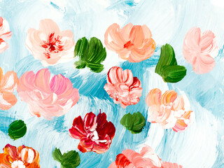 Abstract red and pink  flowers, art painting, creative hand painted background, brush texture