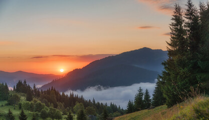 Naklejka na ściany i meble Colorful and bright sunrise in the mountains.