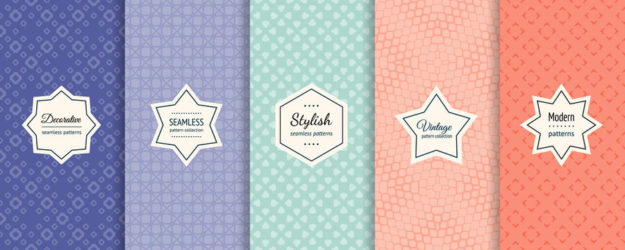 Vector geometric seamless patterns. Collection of colorful background swatches with elegant minimal labels.  Cute abstract floral textures. Subtle modern design. Blue, turquoise, pink, orange color