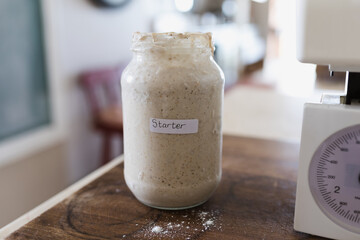 starter for sourdough bread in glass jar