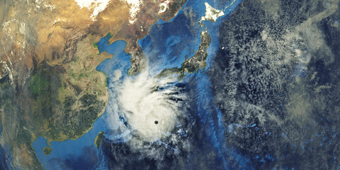 Typhoon Haishen shown from Space. Extremely detailed and realistic high resolution 3d rendering with elements furnished by NASA.