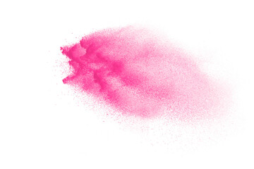 Freeze motion of pink color powder exploding on white  background. 